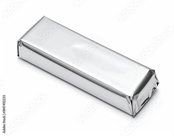 Obraz Rectangular bar wrapped in shiny silver foil, isolated on white
