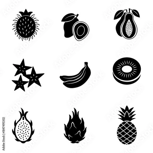Obraz Illustrative image of various exotic fruits: pineapple, banana, mango, kiwi and dragon fruit