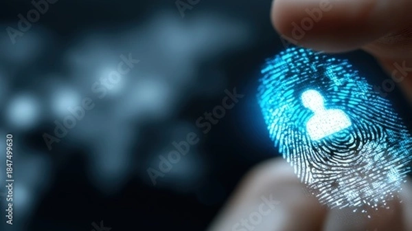 Fototapeta Digital fingerprinting identity verification technology global context visual data abstract environment close-up view security concept