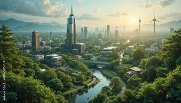 Fototapeta Green cities, renewable energy, and environmental preservation for future generations are all part of this sustainable development philosophy.