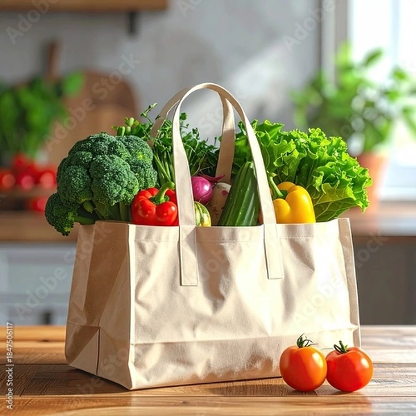 Fototapeta Beige canvas tote bag overflowing with fresh produce (1)