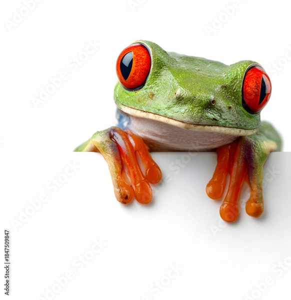 Obraz a cute tree frog peeking over the edge of a blank