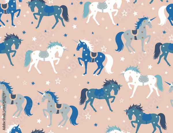 Obraz Seamless Pattern with Cute Unicorn. Magic Print Design for Holiday, New Year, Greeting Cards, Party Invitations Design, Fabric, Textile, Gift Paper. Vector