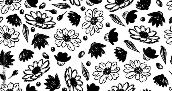 Obraz Floral Seamless Pattern. Vector Black and White Flowers Ornament Design. Hand Drawn Floral Wallpaper Template. Minimalist Monochrome Flower Texture. Repeated Flower Trendy Design for Fabric, Prints