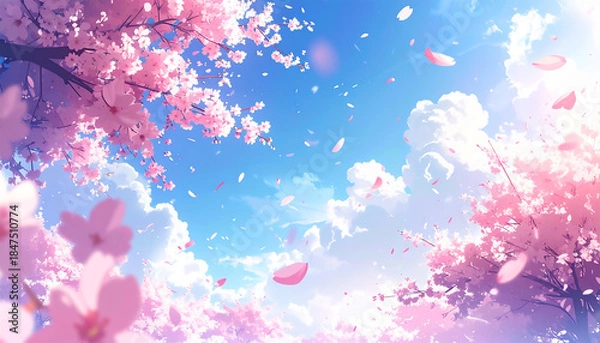 Obraz 青空に舞う桜の花びらの背景素材、ピンク色の日本の桜、春を感じるさわやかなイメージ、生成AI