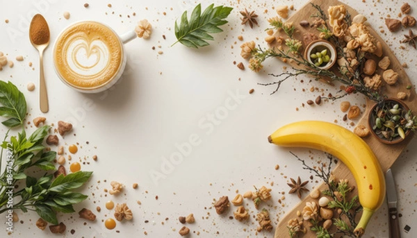Obraz Cup of cappuccino with latte art sits on white surface surrounded by banana, nuts, seeds, and green leaves, creating natural and inviting breakfast scene