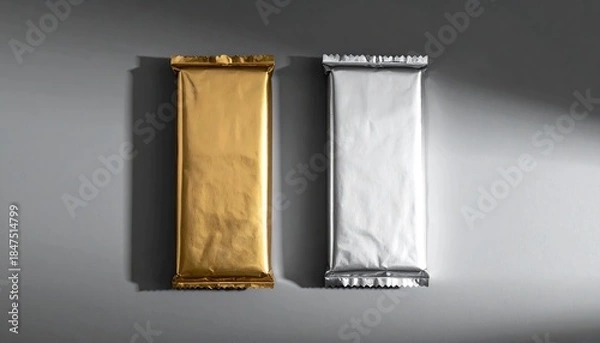 Obraz Two rectangular, foil-wrapped objects, gold and silver, on a gray surface