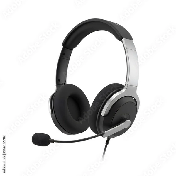 Fototapeta Over ear headset with microphone isolated on transparent background, modern audio device for gaming, call center, online communication, customer support and office use