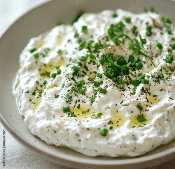 Fototapeta Wild Herb Yogurt Dip With Fresh Green Garnish And Creamy Texture On White Plate

