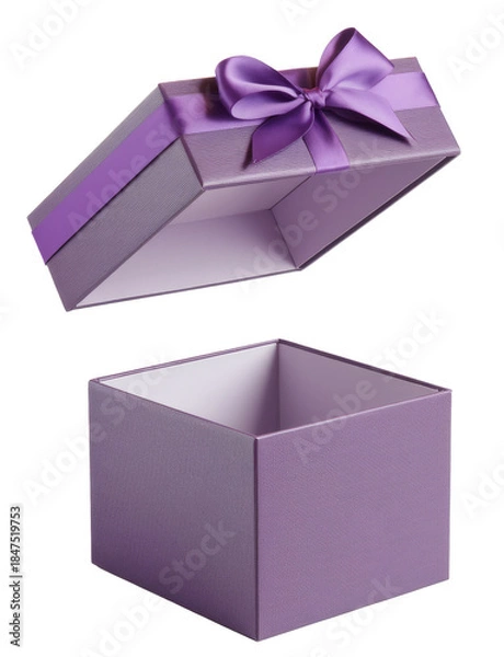 Obraz open empty purple gift box with ribbon and bow.