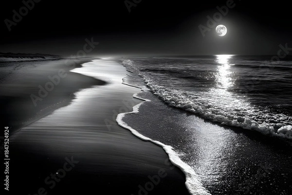 Obraz Moonlit Waves on a Serene Beach at Night
