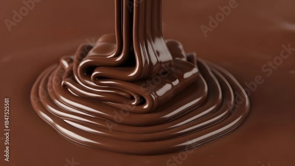Fototapeta Close-up of melted chocolate dripping smoothly with a rich glossy texture, showcasing luxury dessert ingredients and indulgent sweetness.