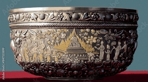 Obraz Antique Silver Bowl with Low-Relief Pagoda Design