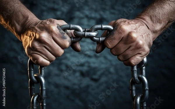 Obraz  A pair of dirty, weathered hands tightly grips a thick metal chain against a dark, textured background.