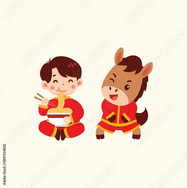 Fototapeta Cute Chinese Boy Eating Noodles  Horse Character - Chinese New Year, Zodiac, Festival