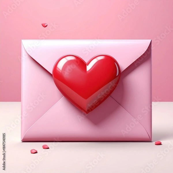 Obraz Red Heart Shaped Love Letter Envelope on Pink Background for Romantic Messages and Celebrations