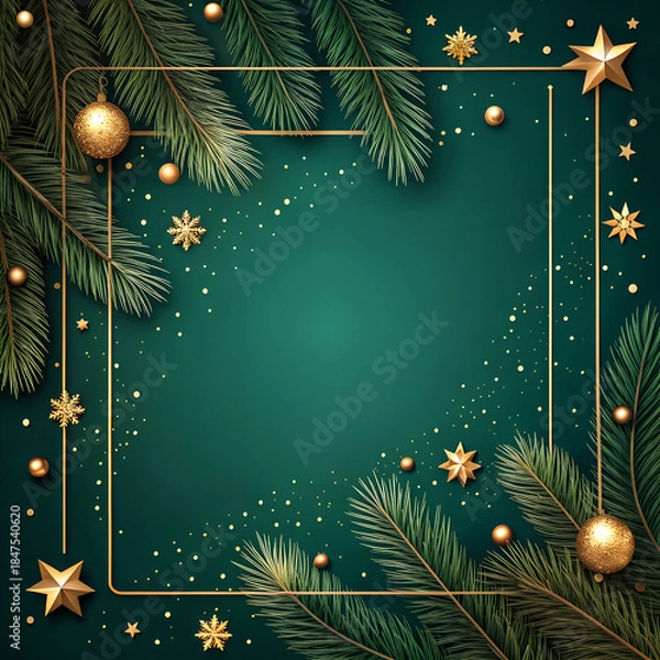 Obraz Green christmas background with golden frame fir branches and scattered glitter stars and baubles
