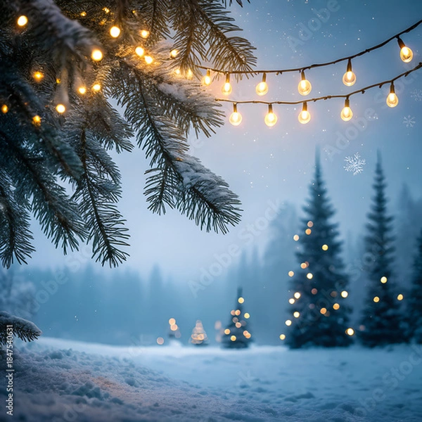 Obraz Snow-covered pine branches adorned with festive string lights overlooking a blurred winter forest