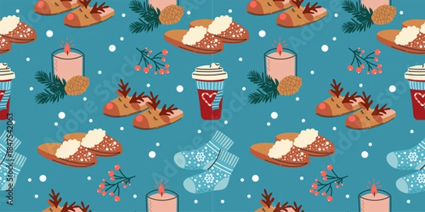 Obraz Seamless vector winter pattern with slippers, candles and socks 