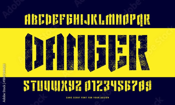 Obraz Stencil plate sans serif font in military style. Letters and numbers with rough texture for logo and emblem design. Color print on black background