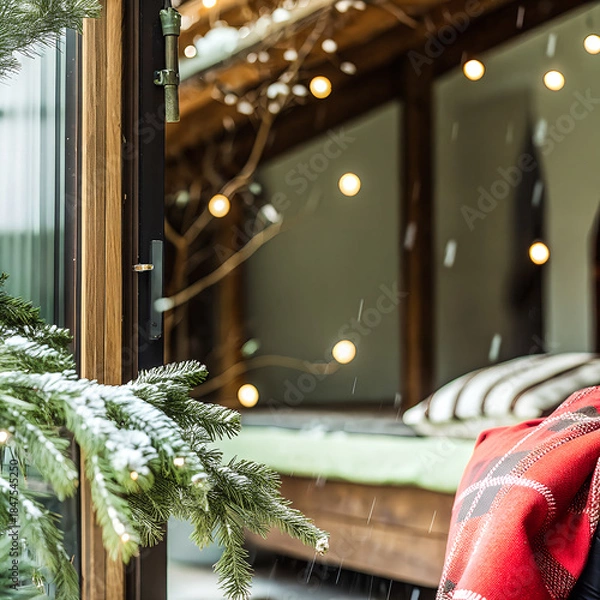 Obraz Peaceful winter scene from a warm home gentle snow and fairy lights