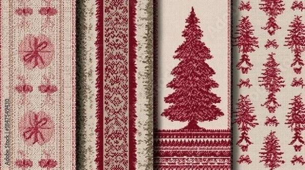 Obraz Textured fabric design with floral and tree patterns in red.