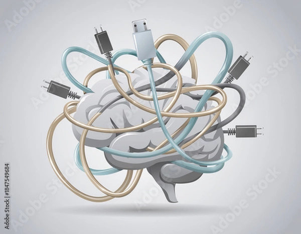 Obraz Human brain tangled in charging cables