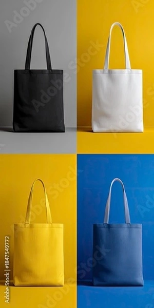 Obraz Four colored tote bags arranged on different colored backgrounds