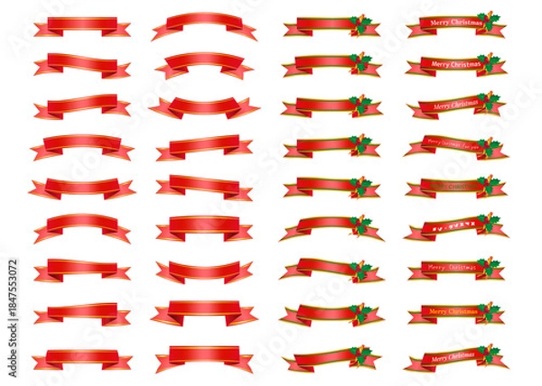 Obraz 赤と金色のクリスマスリボンのイラストセット 装飾 デコレーション素材