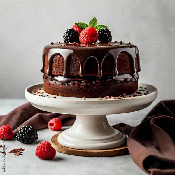 Obraz chocolate cake with berries, white background