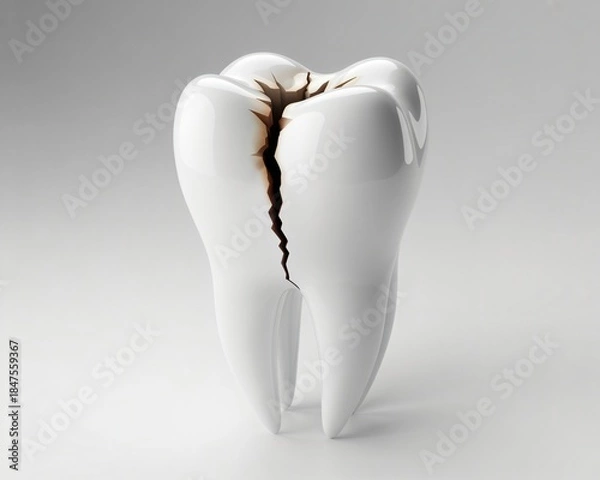 Obraz  A realistic three-dimensional rendering shows a white molar tooth with a significant vertical crack.
