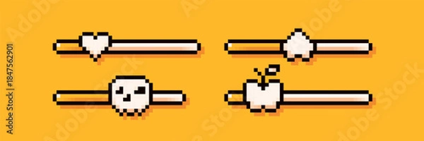 Obraz 4 different loading yellow bars. Pixel art simple style. Heart, apple, skull and house icons.