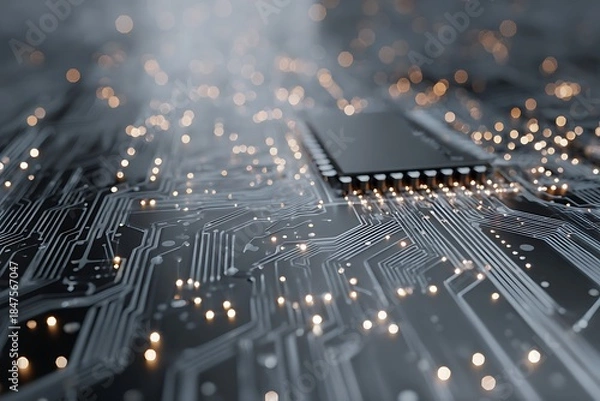 Fototapeta Circuit board with microchip processing digital data