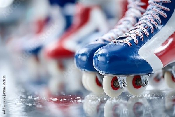 Fototapeta Retro roller skates standing on reflective surface