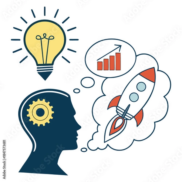 Obraz Business innovation and creative solution concept with lightbulb and rocket flat vector.