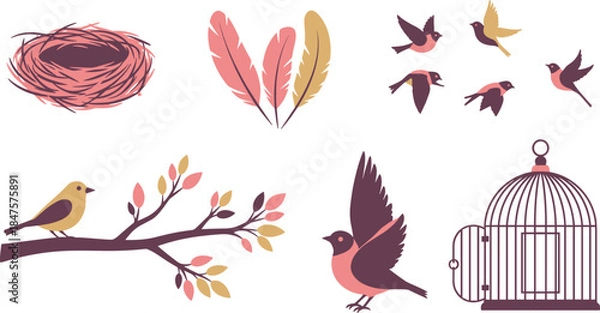 Obraz Illustrations of birds and bird-related elements