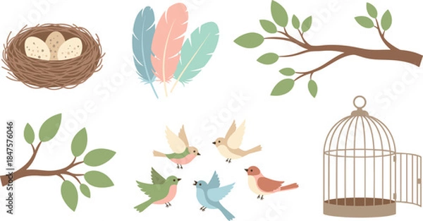 Obraz Illustrations of birds and nature elements