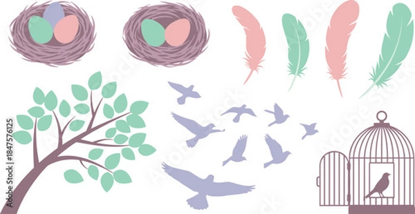 Obraz Illustrations of bird nests, feathers, and birds