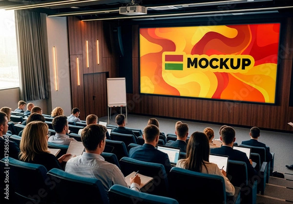 Fototapeta Screen Mockup Business Session In Auditorium