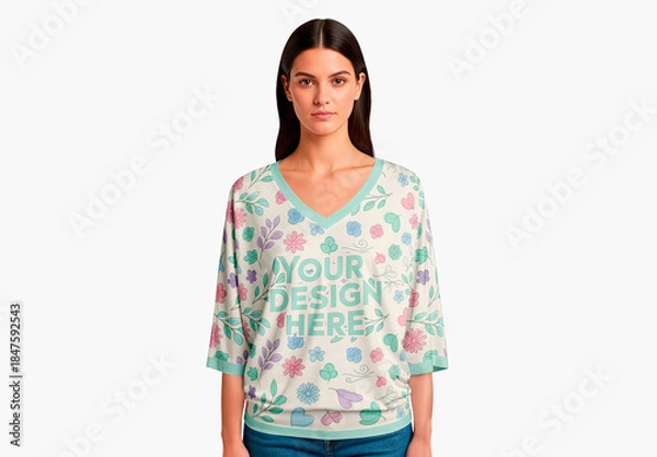 Fototapeta Woman Wearing Loose T Shirt V Neck Blouse Mockup