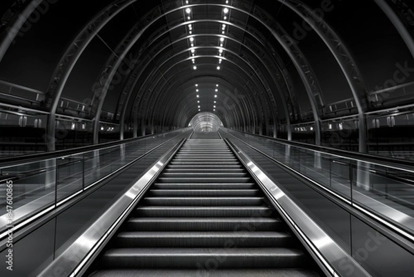 Fototapeta long empty escalator in underground station with stark black-and-white contrast and sleek metal surfaces for futuristic and architectural background applications