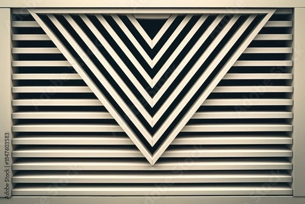 Fototapeta triangular air vent with symmetrical V-shaped slats and geometric lines on off-white background for architectural design and industrial applications