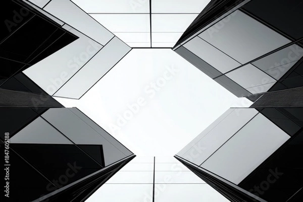 Fototapeta high-angle view of symmetrical high-rise buildings with black-and-white tones, geometric shapes and glass curtain walls for minimalist modern urban architecture background
