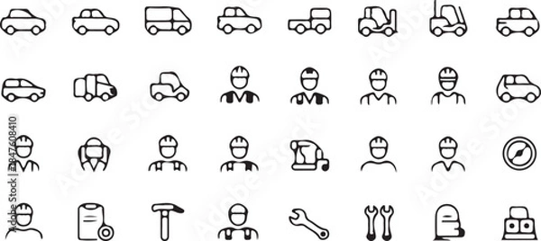 Obraz Transportation & Worker Line Icons – Vehicles, Delivery and Labor Set.