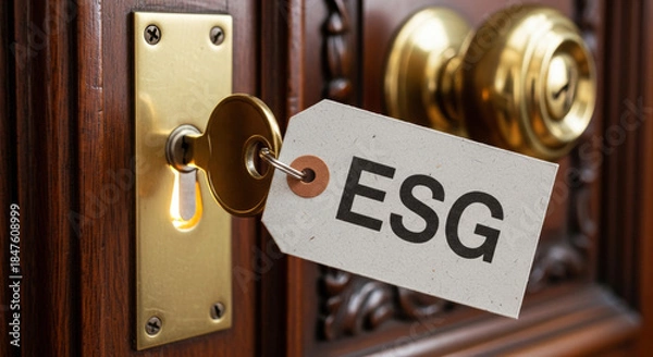 Obraz Brass key with an esg tag unlocking door symbolizing corporate reporting. Good governance unlocks sustainable business potential and secure investment future