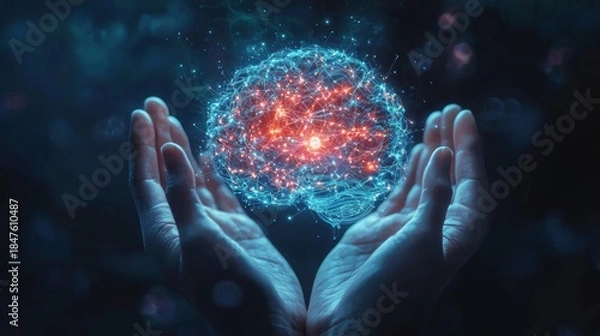Obraz Human hands hold a glowing brain representing knowledge and innovation in a digital world