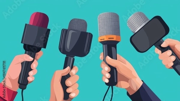 Obraz Different microphone styles held by hands, showcasing media tools for interviews or events