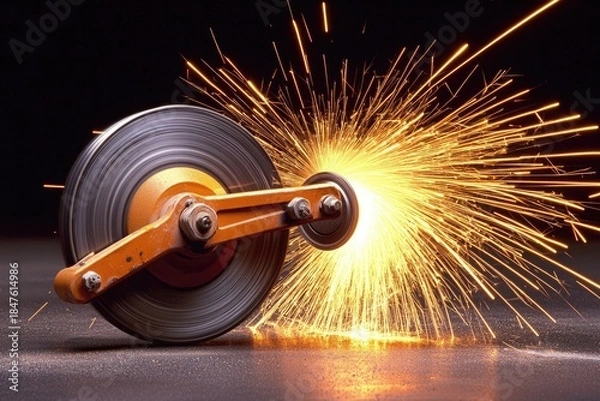 Fototapeta close-up industrial angle grinder with bright sparks and dynamic lighting over metal materials for manufacturing and workshop background