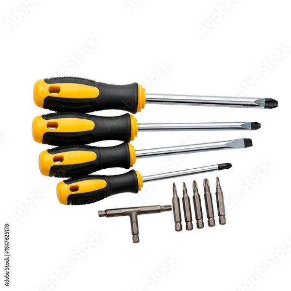 Obraz Screwdriver set with various sizes and interchangeable bits on white background  