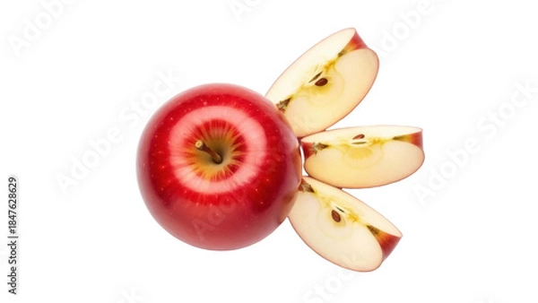 Fototapeta Isolated shiny red apple with slices arranged on a plain surface, healthy food, fresh fruit